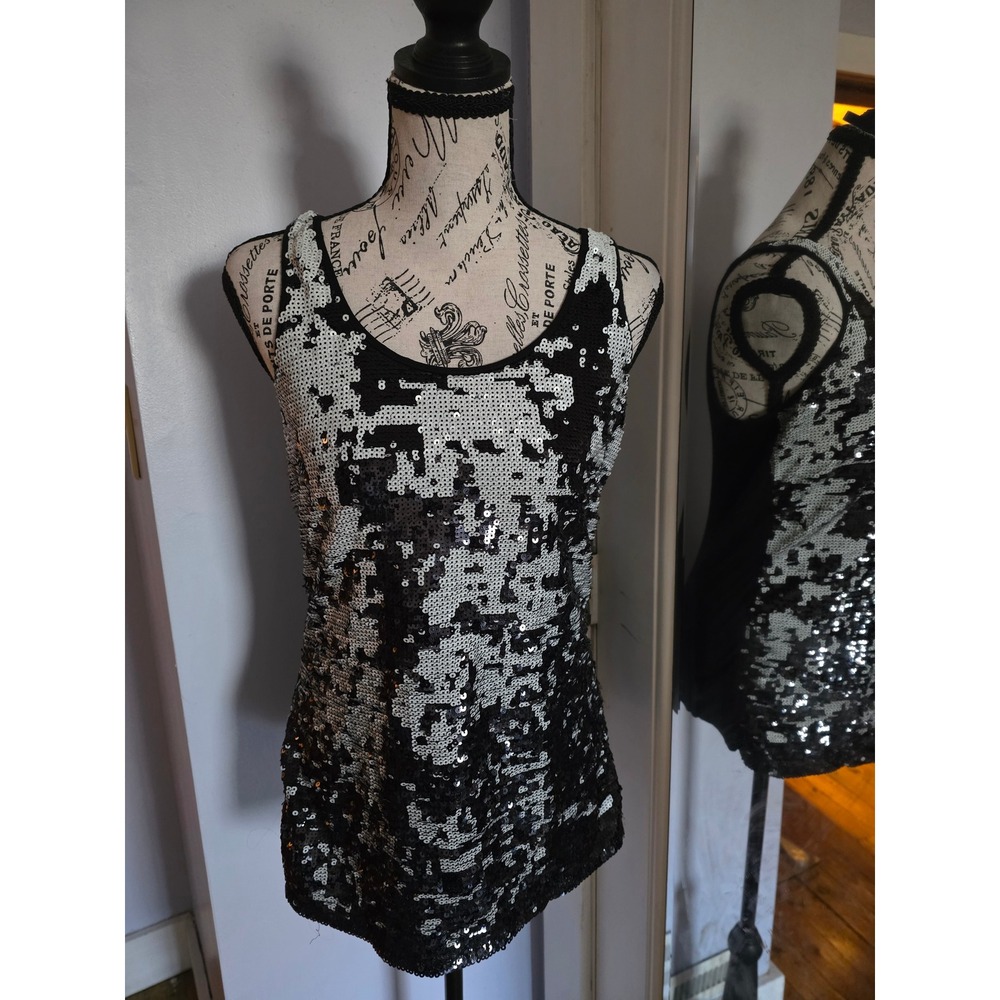 Express Womens Sequin Tank Top Black Silver Scoop Neck Party Camo Pattern Small